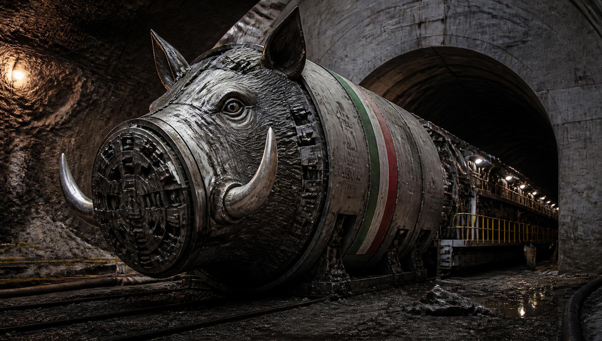 Giant tunnel boring machine shaped like a wild boar at the mouth of a tunnel