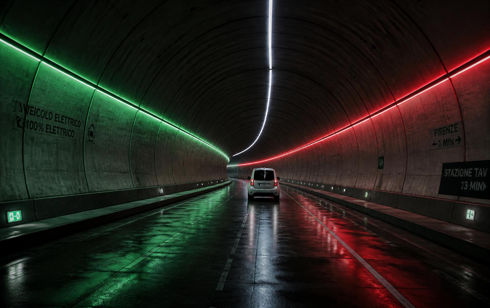 Tunnel interior lit in green, white and red
